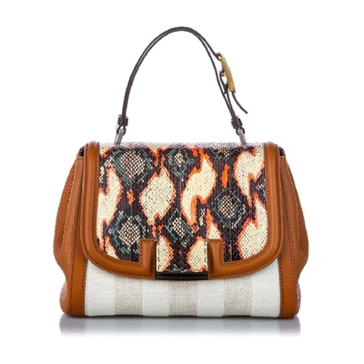 Pre-owned Fendi Python Trim Canvas Silvana Satchel In Neutrals