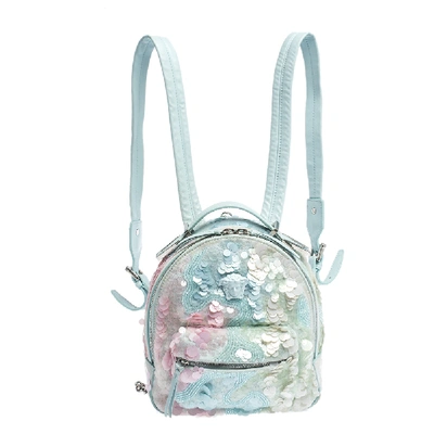Pre-owned Versace Light Blue Suede And Leather Embellished Sequin Palazzo Medusa Backpack