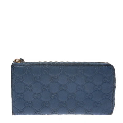 Pre-owned Gucci Ssima Leather Zip Around Wallet In Blue