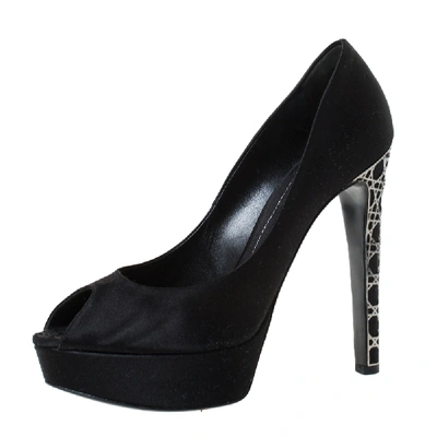 Pre-owned Dior Black Satin Peep Toe Cannage Heel Platform Pumps Size 39