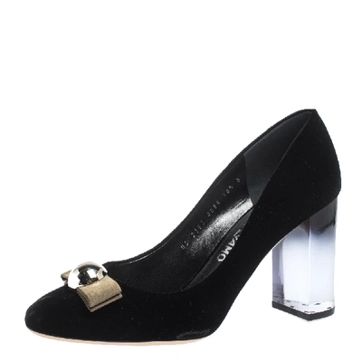 Pre-owned Ferragamo Black Velvet Fiammetta Plexiglass Heel Pumps Size 41