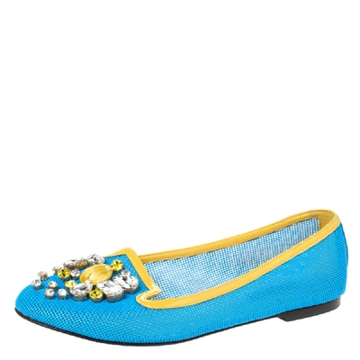Pre-owned Dolce & Gabbana Blue/yellow Woven Leather And Patent Trim Crystal Embellished Ballet Flats Size 37