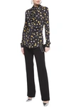MOSCHINO TIE-NECK RUCHED PRINTED JERSEY SHIRT,3074457345622499722