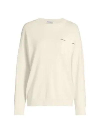Brunello Cucinelli Cashmere Monili Pocket Crewneck Sweater In White