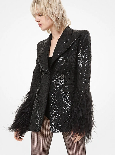 Michael Kors Sequined Double Crepe-sablé Feather-cuff Blazer In Black