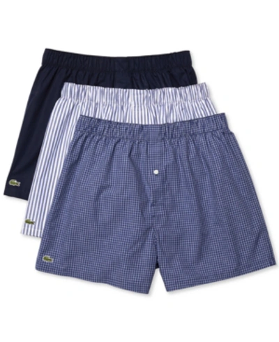 Lacoste Men's 3-pk. Woven Cotton Boxers In Navy Blue,white,tropical