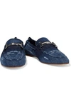 TOD'S DOUBLE T EMBELLISHED DISTRESSED DENIM LOAFERS,3074457345622043403