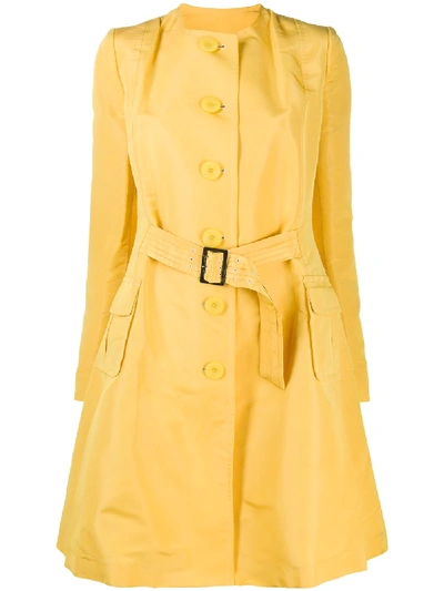 Pre-owned John Galliano Collarless Flared Belted Coat In Yellow