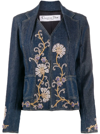 Pre-owned Dior  Flower Embroidered Denim Jacket In Blue