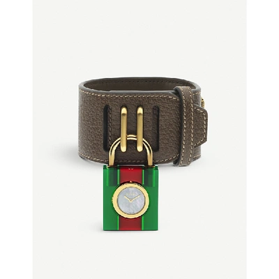 Gucci Ya150503 Padlock Mother-of-pearl Leather Strap Quartz Watch In Green/red