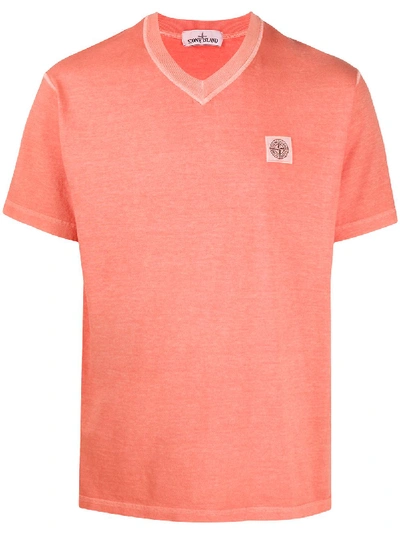 Stone Island Logo Patch V-neck T-shirt In Orange