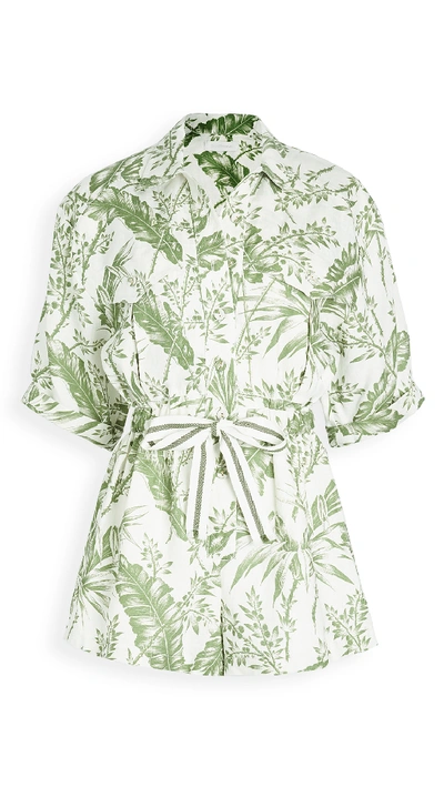 Zimmermann Empire Printed Linen Playsuit In Green