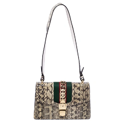 Pre-owned Gucci Beige/black Python Small Web Chain Sylvie Shoulder Bag