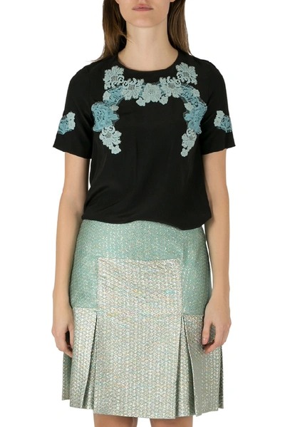 Pre-owned Dolce & Gabbana Black Silk Lace Applique Detail Short Sleeve Blouse S