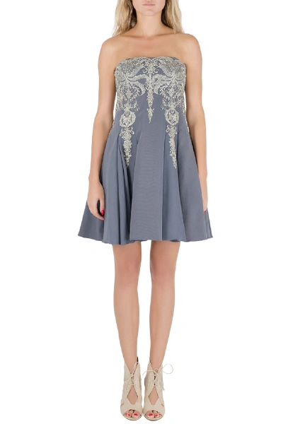Pre-owned Marchesa Notte Grey Cotton Silk Tulle Embroidered Applique Strapless Dress S
