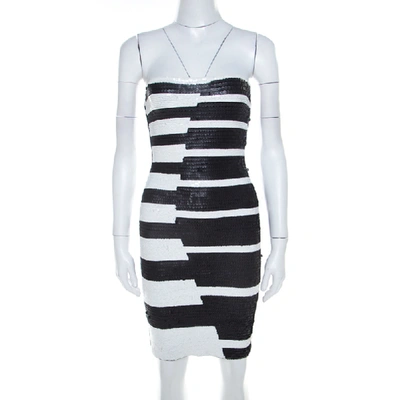Pre-owned Herve Leger Hervé Leger Black And White Sequined Piano Strapless Cocktail Dress Xs