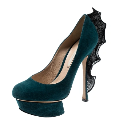 Pre-owned Nicholas Kirkwood Blue Suede Ruffle Trimmed Platform Pumps Size 36.5