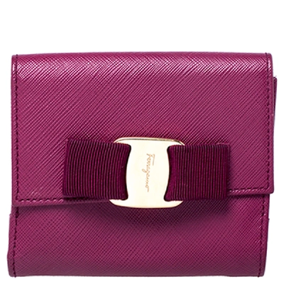 Pre-owned Ferragamo Purple Leather Vara Bow Bifold Wallet
