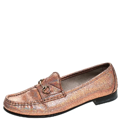 Pre-owned Gucci Metallic Bronze Textured Leather Horsebit Slip On Loafers Size 36.5