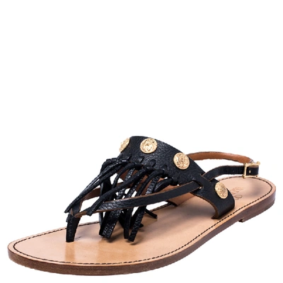 Pre-owned Valentino Garavani Black Leather Fringed Coin Detail Thong Flat Sandals Size 39