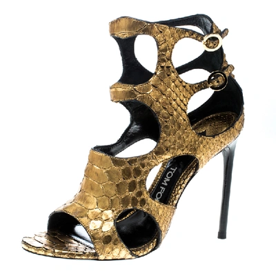 Pre-owned Tom Ford Metallic Gold Python Leather Peep Toe Cutout Sandals Size 36.5