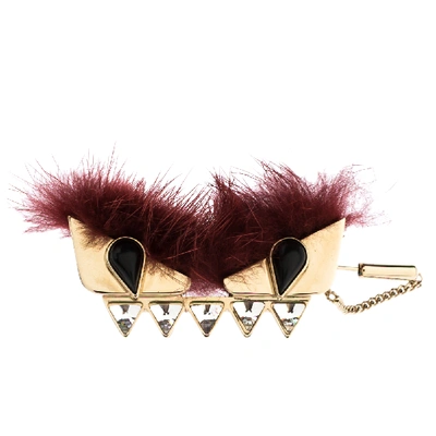 Pre-owned Fendi Monster Burgundy Fur Embellished Gold Tone Pin Brooch In Multicolor