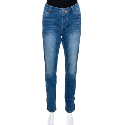 Pre-owned Chanel Indigo Light Wash Denim Braided Trim Jeans M In Blue