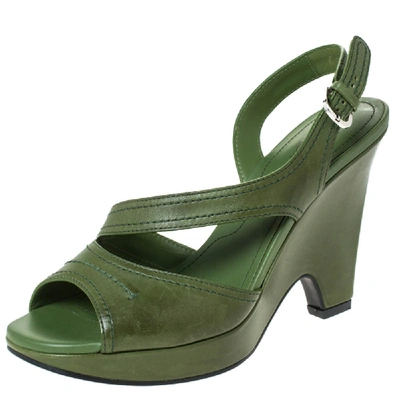 Pre-owned Tod's Green Leather Slingback Platform Wedges Size 38