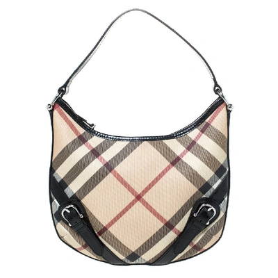 Pre-owned Burberry Beige/black Nova Check Coated Canvas And Patent Leather Barton Hobo