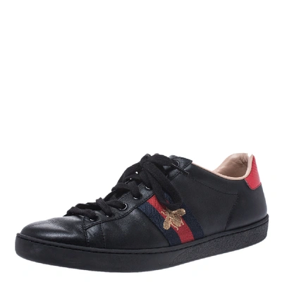Pre-owned Gucci Black Leather Ace Web Bee Low Top Lace Up Trainers Size 38.5