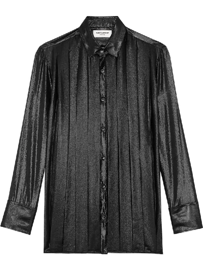 Saint Laurent Pleated Silk Blend Crepe Shirt In Black