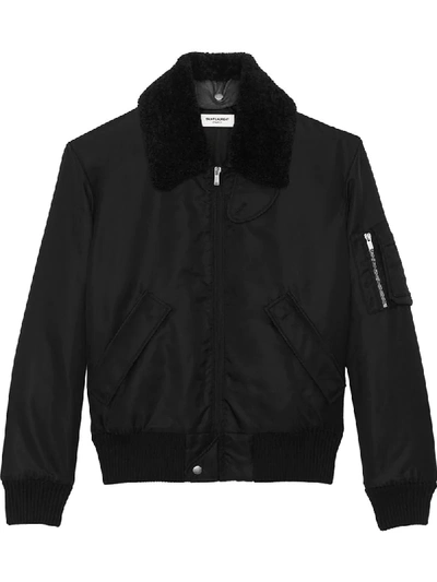 Saint Laurent Shearling Collar Army Bomber Jacket In Black