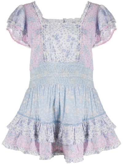 Loveshackfancy Floral Patchwork Mini Dresss In Blue