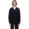 COMME DES GARÇONS PLAY COMME DES GARCONS PLAY NAVY AND RED WOOL MENS FIT HEART PATCH V-NECK CARDIGAN