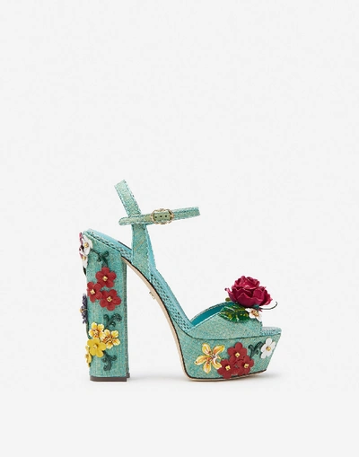 Dolce & Gabbana Wedge Sandals In Tropea Straw With Embroidery In Aquamarine