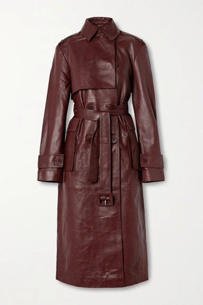 Remain Birger Christensen Pirello Double-breasted Belted Leather Trench Coat In Burgundy
