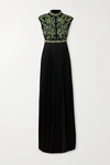 ANDREW GN PLEATED CRYSTAL-EMBELLISHED SILK-BLEND CREPE GOWN