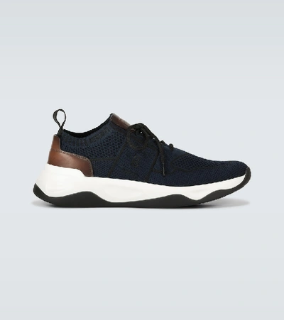 Berluti Shadow Knit Leather-trimmed Mesh Trainers In Navy Blue