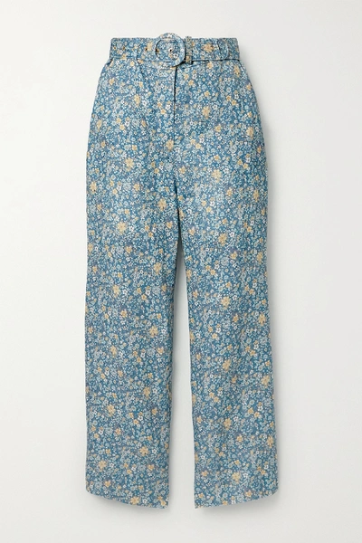 Zimmermann Carnaby Belted Cropped Floral-print Linen Flared Trousers In Light Blue