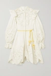ZIMMERMANN CARNABY BELTED RUFFLED BRODERIE ANGLAISE-TRIMMED LINEN MINI DRESS