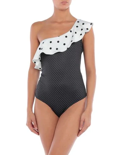 Ganni Prentis One-shoulder Ruffled Polka-dot Color-block Swimsuit In Black