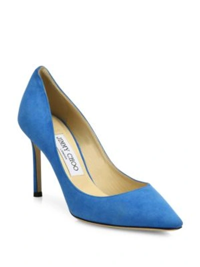 Jimmy Choo Romy 85 Suede Point Toe Pumps In Blue