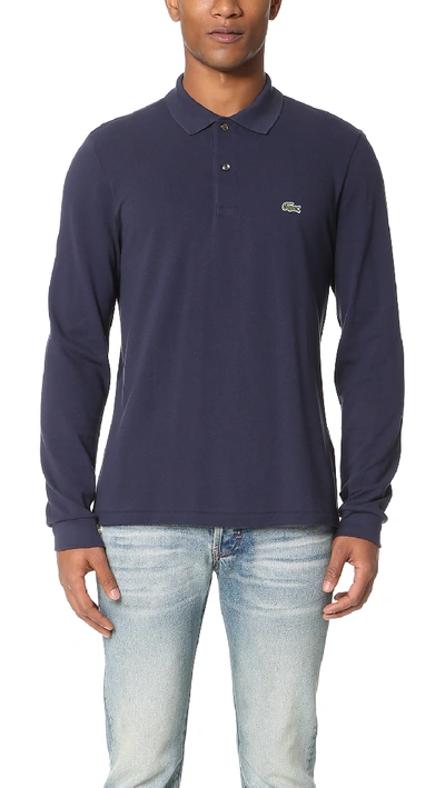 Lacoste Original Long Sleeve Cotton Pique Polo Navy Blue