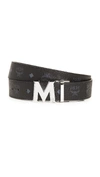Mcm Antique M Reversible Belt 1.75" In White Logo  Visetos In Black