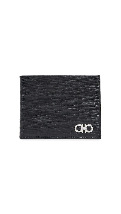 Ferragamo Revival Gancini Bi-fold Calfskin Wallet With Metallic Logo Detail In Black,red