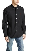 Polo Ralph Lauren Mens Polo Black Long-sleeved Logo-embroidered Custom-fit Stretch Cotton-poplin Shirt
