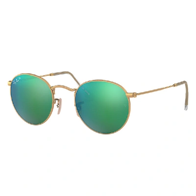 Ray Ban Round Flash Lenses Gold, Polarized Green Lenses - Rb3447