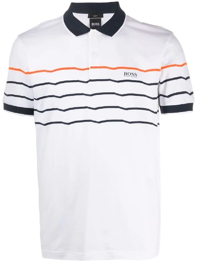 Hugo Boss Striped Logo Polo Shirt In White