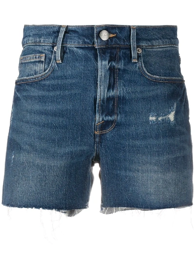 Frame Frayed Hem Denim Shorts In Blue