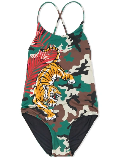 Mc2 Saint Barth Teen Tiger Print Swimsuit In 绿色